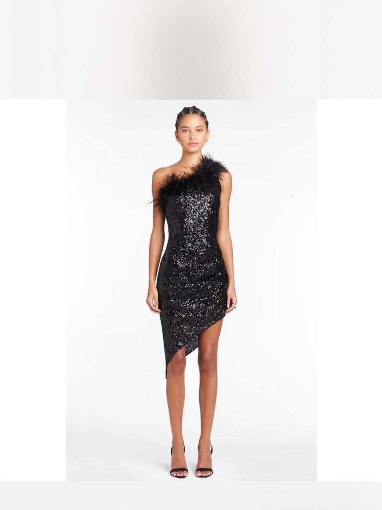 Amanda Uprichard Black One-Shoulder Sequin Feather Mini Dress